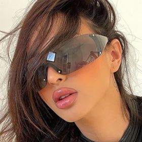 New Punk One Piece Sunglasses 2000'S Women Luxury Brand Designer Sun Glasses UV400 Unisex Shades Eyewear Fashion Y2k Eyeglasses (Frame Color: As Picture, Lenses Color: black)