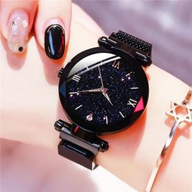 Women's Fashion Starry Sky Watches Magnet Buckle Mesh Belt Diamond Quartz Watch Women Dress Clock (Color: Black)