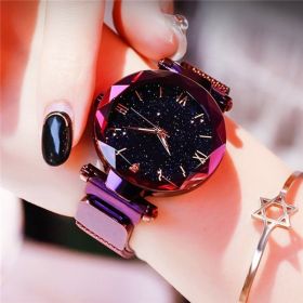Women's Fashion Starry Sky Watches Magnet Buckle Mesh Belt Diamond Quartz Watch Women Dress Clock (Color: Purple)