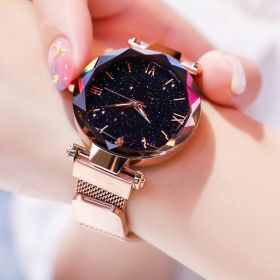 Women's Fashion Starry Sky Watches Magnet Buckle Mesh Belt Diamond Quartz Watch Women Dress Clock (Color: Rose Gold)